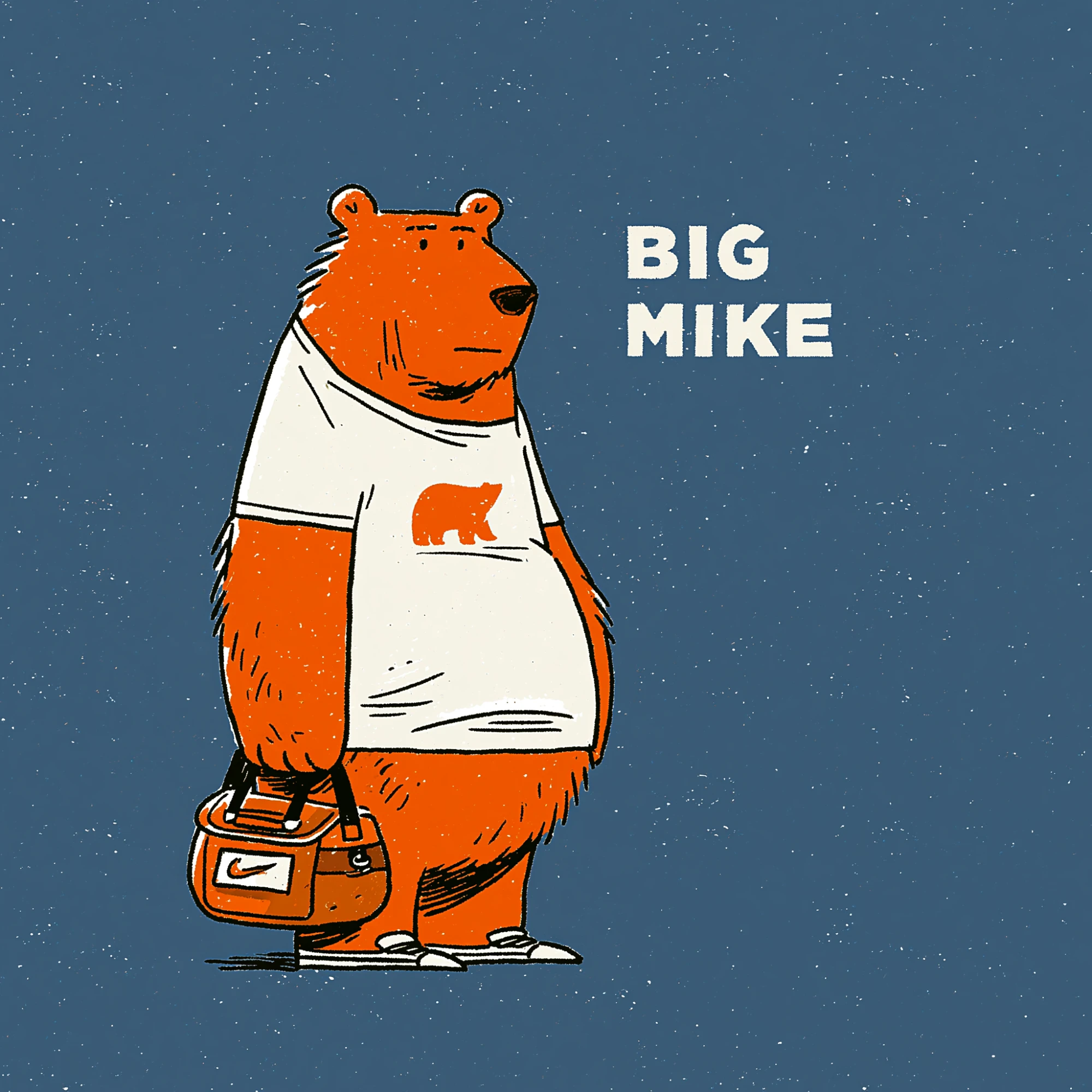 Big Mike, the orange bear, gym bag in hand